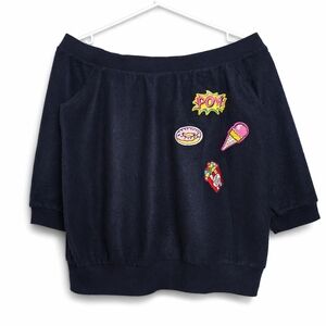 Design Lab Cartoon Patches Plush Sweater Black Polyester Off-Shoulder